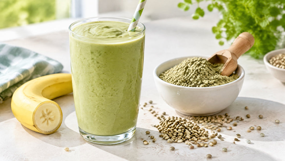 Smoothie s proteinom konoplje uz zdjelicu konopljinog proteina i sjemenke konoplje